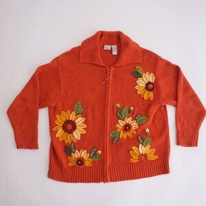 Carolina Colors Orange Sunflower Zip-Front Cardigan Sweater